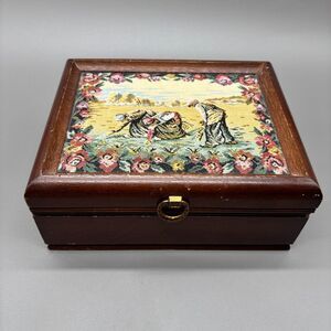 Vintage Wood Jewelry Box Pastoral Needlepoint Lid Mirror Yellow Velvet Japan
